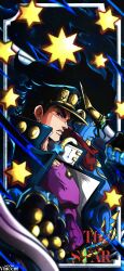  1other absurdres black_coat black_gloves black_hair black_hat blue_eyes blue_skin card coat colored_skin commentary earrings english_commentary fingerless_gloves from_side gakuran gloves hat high_collar highres jewelry jojo_no_kimyou_na_bouken kujo_jotaro male_focus noonvincent peaked_cap profile purple_shirt red_scarf scarf school_uniform shirt sparkle stand_(jojo) star_(symbol) star_platinum stardust_crusaders stud_earrings tarot tarot_card 