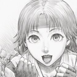  1girl braid braided_ponytail commentary_request crosshatching fingerless_gloves gloves greyscale hatching_(texture) headband highres kuroneco long_hair monochrome open_mouth partial_commentary ryuuko_no_ken signature solo yuri_sakazaki 