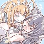  2girls animal_ear_fluff animal_ears asymmetrical_docking bangs black_hair blue_eyes blue_sleeves blush braid breast_press breasts cat_ears cat_girl closed_eyes detached_sleeves dress hair_ribbon jacket karyl_(princess_connect!) large_breasts long_hair looking_at_another low_twintails multicolored_hair multiple_girls open_mouth orange_hair pecorine_(princess_connect!) princess_connect! puffy_short_sleeves puffy_sleeves purple_jacket ribbon short_sleeves side_braid sleeveless sleeveless_dress smug streaked_hair studiozombie tiara twintails yuri 