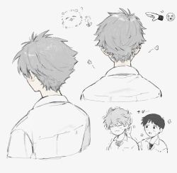  2boys ? blush closed_eyes closed_mouth collared_shirt commentary_request cropped_torso crying_emoji emoji from_behind grey_hair highres ikari_shinji male_focus multiple_boys multiple_views nagisa_kaworu neon_genesis_evangelion oshio_(baniniwana) school_uniform shirt short_hair simple_background tokyo-3_middle_school_uniform white_background white_shirt 