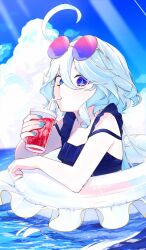  1girl afloat ahoge blue_eyes blue_hair blue_nails clouds commentary drinking drinking_straw drinking_straw_in_mouth eyewear_on_head furina_(genshin_impact) genshin_impact heterochromia highres long_hair looking_at_viewer outdoors owl_5151 sky solo sunlight swim_ring swimsuit symbol-only_commentary symbol-shaped_pupils twitter_username water 