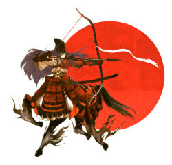  1boy archery armor armored_dress arrow_(projectile) bow_(weapon) centaur commentary_request drawing_bow dress flag_background hat holding holding_arrow holding_bow_(weapon) holding_weapon igote japanese_armor japanese_clothes japanese_flag kote kurokote kusazuri kyuudou long_hair male_focus monster_boy muneate ni_(2shi) pixiv_fantasia pixiv_fantasia_1 red_sun revision samurai scabbard sheath sheathed shoulder_armor sode solo sword tachi_(weapon) tate_eboshi taur weapon yumi_(bow) 