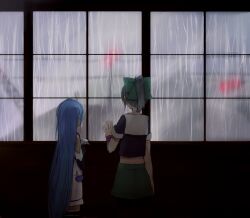  2girls blue_hair bow condensation crop_top elbow_gloves from_behind gloves green_bow green_skirt hair_bow hand_on_window indoors kantai_collection long_hair multiple_girls myuu_(hellomagic) ponytail rain sailor_collar samidare_(kancolle) school_uniform serafuku short_sleeves skirt very_long_hair white_skirt window wristband yuubari_(kancolle) 