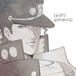  1boy black_coat black_hat buttons coat commentary commentary_request english_text eyelashes flat_color furrowed_brow gakuran glint greyscale happy_birthday hat highres jacket jojo_no_kimyou_na_bouken kujo_jotaro limited_palette looking_at_viewer male_focus medium_hair monochrome one_eye_in_shadow open_clothes open_coat pectoral_cleavage pectorals portrait school_uniform sideburns sketch smirk thick_eyebrows white_background zeus_(zearth1996) 