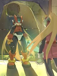  1boy 1girl absurdres armor black_eyes blonde_hair ciel_(mega_man) commentary_request energy_sword forehead_jewel full_body helmet highres holding holding_sword holding_weapon long_hair mega_man_(series) mega_man_zero_(series) omochi_(mochi_skymega) red_armor red_helmet solo_focus standing sword weapon z_saber zero(z)_(mega_man) zero_(mega_man) 