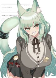  1girl :d absurdres animal_ear_fluff animal_ears arknights black_cardigan black_skirt blush breasts buttons cardigan commentary fan_request green_eyes green_hair green_tail grey_shirt grin harmonie_(arknights) highres infection_monitor_(arknights) large_breasts leaning_forward long_hair long_sleeves looking_at_viewer midori10 miniskirt partially_translated pleated_skirt request_inset shirt simple_background skirt smile solo tail tail_raised translation_request white_background 