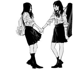  2girls backpack bag bandaid bandaid_on_arm boots bow bowtie bracelet closed_eyes from_side greyscale hashtag-only_commentary highres holding_hands illit iroha_(illit) jewelry k-pop long_hair looking_at_another medium_skirt monochrome multiple_girls real_life school_uniform shirt shiruanyways shoes simple_background skirt sleeves_rolled_up smile three-quarter_sleeves white_background wonhee_(illit) yuri 