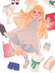  1girl @_@ blonde_hair blush braid breasts camisole collared_dress dress fua1heyvot4ifsr green_eyes hands_on_own_face highres lillie_(pokemon) long_hair looking_at_viewer open_mouth pink_camisole pokemon pokemon_sm red_skirt shirt shoes shorts skirt sleeveless sleeveless_dress socks solo sundress twin_braids unworn_clothes unworn_shirt unworn_shoes unworn_shorts white_dress white_shirt white_skirt white_socks 