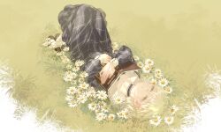  1girl absurdres bang_dream! bang_dream!_it's_mygo!!!!! blue_dress book chamomile chinese_commentary choker commentary_request dress field flower flower_field frilled_choker frills full_body grass green_hair half-closed_eyes highres holding holding_book knees_up long_hair long_sleeves lying on_back on_grass open_book outdoors plaid_clothes plaid_dress sidelocks sleepy solo wakaba_mutsumi white_flower yellow_eyes zhong_er_bing 