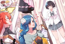  3girls bag belt black_hair black_jumpsuit blue_hair blue_streaks braid braided_ponytail breasts broken_halo carrying commentary_request dizzy_(guilty_gear) family father_and_daughter fitting_room flower guilty_gear guilty_gear_strive hair_between_eyes hair_flower hair_ornament halo heart highres holding_another's_arm husband_and_wife jack-o'_valentine jacket jumpsuit kanea_(nikoinoillust) ky_kiske large_breasts long_hair miniskirt mother_and_daughter multicolored_hair multiple_girls open_mouth orange_jacket pleated_skirt queen_dizzy red_hair shopping shopping_bag short_hair sidelocks skirt smile sol_badguy sparkle spiked_halo spoken_heart star_(symbol) streaked_hair sweater swept_bangs tail two-tone_hair unika_(guilty_gear) white_hair 