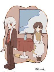  1boy 1girl blackseek blood blood_on_knife blush bouquet brother_and_sister brown_cardigan brown_hair brown_pants brown_shoes cardigan clouds collar collared_dress collared_shirt diagonal-striped_clothes diagonal-striped_necktie dress dress_shirt frilled_collar frilled_sleeves frills hashtag-only_commentary highres holding holding_knife knife loafers long_dress long_hair long_sleeves necktie pants petals red_eyes red_necktie saihate_eki shirt shoes short_hair siblings sitting standing striped_clothes table tatsunami_shion tenjiku_aoi vase very_long_hair white_dress white_hair white_shirt yellow_eyes 