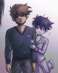  2boys absurdres antenna_hair barefoot black_eyes blue_sweater blush brown_hair collarbone colored_skin commentary dark-skinned_male dark_skin double-parted_bangs dual_persona english_commentary grey_pants hair_between_eyes hands_on_another's_arm hero_(faraway)_(omori) hero_(headspace)_(omori) hero_(omori) highres long_sleeves looking_at_viewer male_focus multiple_boys omori open_mouth pajamas pants purple_hair setosexual short_hair smile something_(omori) striped_clothes striped_pajamas striped_pants sweater vertical-striped_clothes vertical-striped_pajamas vertical-striped_pants violet_eyes white_pajamas white_pants white_skin 
