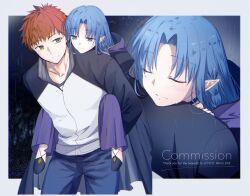  1boy 1girl blue_eyes blue_hair brown_eyes carrying carrying_over_shoulder carrying_person carrying_under_arm closed_eyes commentary_request commission duplicate emiya_shirou fate/stay_night fate_(series) highres jacket lifting_person looking_at_another mature_female mct medea_(caster)_(fate) medea_(fate) pixel-perfect_duplicate red_hair 