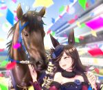  1girl absurdres animal_ears blush breasts cheesecake_(artist) commentary_request confetti crying hair_over_one_eye hat highres horse horse_ears horse_girl long_hair racetrack rice_shower_(racehorse) rice_shower_(umamusume) small_breasts takarazuka_kinen umamusume violet_eyes 