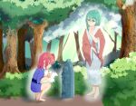  2girls absurdres alternate_costume asymmetrical_hair bangs barefoot blue_kimono bush child closed_mouth commentary_request day female_child flower forest full_body ghost grass green_eyes green_hair haori highres holding holding_flower jacket japanese_clothes jizou kimono looking_at_another multiple_girls nature one_side_up onozuka_komachi orange_jacket outdoors red_eyes red_flower redhead shiki_eiki short_hair shouko_(airen) smile touhou tree white_kimono yellow_flower younger 