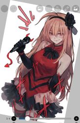  1girl ahoge art_program_in_frame black_gloves black_hairband black_skirt black_souls black_souls_2 cowboy_shot dress elbow_gloves elemi_souls gloves hairband hashtag-only_commentary highres holding holding_microphone ibispaint_(medium) long_hair microphone miniskirt pink_eyes pink_hair prickett_(black_souls) red_dress simple_background skirt sleeveless sleeveless_dress smile solo thigh-highs white_background zettai_ryouiki 