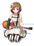  1girl absurdres bangs brown_eyes brown_hair commentary don&#039;t_say_&quot;lazy&quot; electric_guitar english_commentary full_body guitar highres hirasawa_yui holding holding_instrument instrument k-on! looking_at_viewer pantyhose short_hair sitting smile solo striped striped_legwear vertical-striped_legwear vertical_stripes white_legwear yidie 