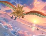 absurdres bird clouds commentary_request highres ho-oh katkichi outdoors pikachu pokemon pokemon_(creature) reflection rock sky sun sunset water 