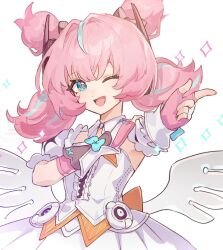  1girl aqua_hair aqua_streaks aria_(zenless_zone_zero) black_bow blue_eyes bow bridal_gauntlets center_frills dress finger_gun fingerless_gloves frills gloves hair_bow hair_intakes hand_on_own_arm looking_at_viewer multicolored_hair one_eye_closed open_mouth pink_gloves pink_hair solo sparkle streaked_hair suwa_(swk_kkk) upper_body white_dress white_wings wings zenless_zone_zero 