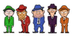  5boys arms_at_sides belt black_eyes black_hair blue_hat blue_necktie blue_pants blue_shoes blue_suit brown_belt brown_hair brown_shoes buttons buzz_cut caricature closed_mouth collared_shirt commentary downtown_no_gaki_no_tsukai_ya_arahende!! endo_shozo facial_hair full_body green_hat green_necktie green_pants green_shoes green_suit hamada_masatoshi hands_in_pockets hat highres jacket lips looking_at_viewer matsumoto_hitoshi multiple_boys mustache necktie nostrils open_clothes open_jacket open_mouth orange_hat orange_necktie orange_pants orange_suit pants pencil_mustache pslostachi purple_hat purple_necktie purple_pants purple_shoes purple_suit red_belt red_hat red_necktie red_pants red_shoes red_suit shirt shoes short_hair simple_background standing suit tanaka_naoki thick_lips tsukitei_housei very_short_hair white_background white_shirt 