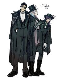 2025 3boys alternate_costume alternate_hairstyle banzoin_hakka bishounen black_gloves black_hair blue_hair boots commentary english_commentary eyelashes eyepatch full_body gavis_bettel gloves goth_fashion grey_hair hair_between_eyes hair_slicked_back halloween hat highres holostars holostars_english jacket josuiji_shinri long_hair long_sleeves looking_at_viewer male_focus medium_hair multicolored_hair multiple_boys necktie pink_hair pinstripe_pattern purple_hair rupin_02 scarf shirt signature skeleton_print smile standing streaked_hair suit top_hat virtual_youtuber white_background white_hair white_necktie 