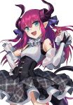  1girl asymmetrical_horns blue_eyes breasts corset curled_horns dragon_girl dragon_horns dragon_tail dress elizabeth_bathory_(fate) elizabeth_bathory_(fate/extra_ccc) elizabeth_bathory_(first_ascension)_(fate) fang fate/extra fate/extra_ccc fate/grand_order fate_(series) horns layered_dress long_hair menma222 open_mouth pink_hair pointy_ears small_breasts solo tail 
