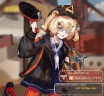  1girl arknights bangs black_dress black_jacket blonde_hair blue_sky blurry blurry_background bridge clouds cloudy_sky cosplay crossover double_bun dress frying_pan glasses gummy_(arknights) hair_bun hair_ornament harlequin-wheels hat holding holding_shield jacket long_sleeves looking_at_viewer one_eye_closed orange_eyes orange_legwear outdoors sailor_collar shield sky smile solo team_fortress_2 the_demoman the_demoman_(cosplay) tongue tongue_out tricorne 