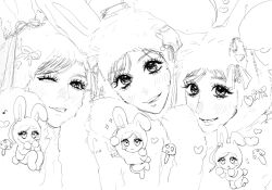  3girls animal_costume animal_ears animification bow chibi chibi_inset commentary confetti_(misamo) fake_animal_ears greyscale head_tilt heart highres k-pop looking_at_viewer mina_(twice) misamo miyosu mole mole_on_nose momo_(twice) monochrome multiple_girls mushroom open_mouth parted_lips portrait rabbit_costume rabbit_ears real_life sana_(twice) sketch smile symbol-only_commentary tongue tongue_out twice_(group) 