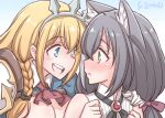  2girls animal_ear_fluff animal_ears bangs black_hair blue_eyes blush braid breasts cat_ears cat_girl detached_sleeves dress eye_contact green_eyes hair_ribbon hand_on_another&#039;s_shoulder karyl_(princess_connect!) large_breasts long_hair looking_at_another low_twintails multicolored_hair multiple_girls orange_hair pecorine_(princess_connect!) princess_connect! puffy_short_sleeves puffy_sleeves ribbon short_sleeves side_braid single_braid sleeveless sleeveless_dress streaked_hair studiozombie tiara twintails yuri 