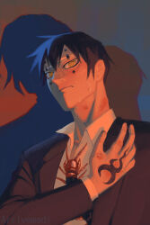  1boy absurdres asteris-kitsy black_hair bug centipede clip_studio_paint_(medium) commentary english_commentary hand_tattoo hand_up highres kagurabachi looking_at_viewer male_focus piercing shadow short_hair suit tattoo yellow_eyes yura_(kagurabachi) 
