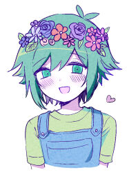  1boy :d androgynous antenna_hair arms_at_sides basil_(headspace)_(omori) basil_(omori) blue_flower blue_overalls blue_rose blush buttons canvas_texture child colored_skin commentary_request cropped_torso double-parted_bangs flipped_hair flower flower_wreath green_eyes green_hair green_shirt griffin333 hair_between_eyes head_wreath heart korean_commentary leaf looking_at_viewer male_focus omori open_mouth overalls pink_flower pink_rose purple_flower purple_rose red_flower rose shirt short_hair short_sleeves sidelocks simple_background smile solo t-shirt white_background white_skin 