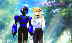  1boy 1girl alia_(mega_man) armor black_pants blonde_hair blue_armor blue_eyes blue_helmet breasts chest_jewel commission couple cowboy_shot gem green_gem headset helmet hetero holding_hands interlocked_fingers lab_coat medium_hair mega_man_(series) mega_man_x_(series) outdoors pants rikka_(user_hruv2435) skeb_commission sunlight tree 