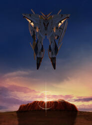  arms_at_sides beam_rifle blue_eyes clouds desert enelous energy_gun gradient_sky gun gundam gundam_hathaway's_flash highres holding holding_gun holding_weapon mecha mecha_focus mobile_suit no_humans outdoors robot science_fiction sky solo star_(sky) sunrise twilight uluru v-fin weapon xi_gundam 