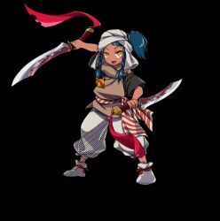  1girl bell black_background blue_hair blush braid dual_wielding fighting_stance full_body highres holding holding_sword holding_weapon jewelry merc_storia merc_storia_art_team moi_(merc_storia) necklace official_art open_mouth pants reverse_grip sash shoes short_sleeves side_braids side_ponytail simple_background smile solo standing sword tachi-e tsurime turban weapon white_pants white_shoes yellow_eyes 