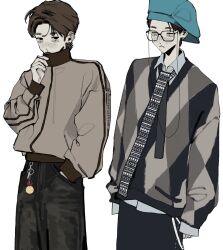  1boy :< aegyo_sal aqua_hat argyle_clothes argyle_sweater arms_at_sides backwards_hat baggy_pants belt_charm black-framed_eyewear black_eyes black_necktie black_pants blue_sweater boynextdoor brown_hair brown_jacket brown_trim charm_(object) closed_eyes closed_mouth collared_shirt commentary cowboy_shot curled_fingers denim double_vertical_stripe ear_piercing english_commentary eyewear_strap fashion grey_sweater hand_in_pocket hand_up hat highres jacket jeans jinjeocompote k-pop lensless_glasses looking_to_the_side mole mole_under_eye multiple_views necktie newsboy_cap oversized_clothes oversized_shirt oversized_sweater pale_skin pants piercing print_necktie riwoo_(boynextdoor) shirt shirt_under_sweater short_hair side_part simple_background sleeves_past_wrists streetwear striped_clothes striped_jacket sweater track_jacket twitter_username two-tone_necktie two-tone_sweater untucked_shirt v-neck vertical-striped_clothes vertical-striped_jacket white_background white_necktie white_shirt 