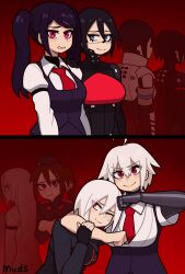  6+girls absurdres alina_seo ariane_yeong black_hair blush breasts brown_hair closed_mouth commentary crossover dana_zane elster_(signalis) english_commentary green_eyes hair_between_eyes hair_ornament hairclip highres jill_stingray long_hair long_sleeves mechanical_arms medium_breasts muds multiple_girls necktie one_eye_closed parted_lips pink_eyes ponytail red_eyes red_necktie short_hair short_sleeves signalis single_mechanical_arm smile sweatdrop twintails va-11_hall-a white_hair 