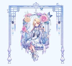  1girl :3 ahoge ankle_garter ankle_strap avatar_2.0_project bare_shoulders bell_sleeves birdcage blonde_hair blue_butterfly blue_dress blue_hair blue_nails blue_ribbon blush braid breast_curtains breasts bug butterfly butterfly_earrings butterfly_hair_ornament butterfly_on_hand cage charm_(object) chinese_clothes closed_mouth clothing_cutout collarbone colored_inner_hair commentary_request dress dress_flower earrings floral_print floral_print_dress flower foot_dangle frilled_dress frilled_sleeves frills full_body gem grey_background hair_ornament hair_ribbon hair_rings hairclip hand_fan hands_up highres holding holding_fan in_cage jewelry komeshiro_kasu lattice leg_tattoo legs_together lolita_fashion long_hair long_sleeves looking_at_viewer medium_breasts medium_dress minase_shia multicolored_hair nail_polish neck_tassel official_art pearl_(gemstone) peony_(flower) pink_butterfly pink_eyes pink_flower print_dress purple_flower qi_lolita ribbon see-through_clothes see-through_sleeves shawl shoes shoulder_cutout side_braid side_part simple_background single_earring single_hair_ring sitting smile solo tassel tassel_earrings tattoo tuanshan twitter_username two-tone_dress two-tone_hair virtual_youtuber white_butterfly white_dress white_shawl white_shoes winged_shoes yellow_flower 