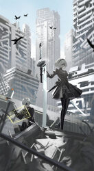  1boy 1girl 2b_(nier:automata) 9s_(nier:automata) black_boots black_dress black_hairband black_jacket black_shorts black_thighhighs blindfold boots city commentary dress droid hairband highres jacket katana knee_boots long_sleeves mikann_(clm_mikan) nier:automata nier_(series) puffy_sleeves ruins short_hair shorts side_slit sitting standing sword thigh-highs weapon white_hair 
