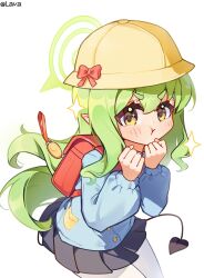  1girl :t artist_name backpack bag black_skirt black_tail blue_archive blue_shirt blush bow buttons chinese_commentary clenched_hands closed_mouth commentary cowboy_shot crime_prevention_buzzer demon_girl demon_tail green_hair green_halo halo hands_up hat hat_bow highres hikari_(blue_archive) huashijie_(medium) kindergarten_uniform long_hair long_sleeves looking_at_viewer making-of_available miniskirt pantyhose pleated_skirt pocket pointy_ears pout puffy_long_sleeves puffy_sleeves randoseru red_bag red_bow school_hat shirt short_eyebrows sidelocks simple_background skirt solo sparkle sparkling_eyes symbol_in_eye tail v-shaped_eyebrows very_long_hair white_background white_pantyhose yanwei_lava yellow_eyes yellow_hat 