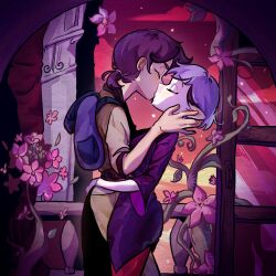  2girls amity_blight backpack bag balcony brown_hair closed_eyes clouds commentary cooockroach english_commentary flower highres hug indoors kiss luz_noceda multiple_girls plant pointy_ears ponytail purple_hair short_hair star_(sky) the_owl_house twilight vines window yuri 
