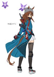  1girl absurdres animal_ears beanie black_gloves black_thighhighs blue_archive blue_coat brown_eyes brown_hair closed_mouth coat explosive full_body gloves grenade halo hat highres holding holding_grenade horse_ears horse_girl horse_tail kalashnikov_rifle ketsuge knee_pads long_sleeves looking_at_viewer looking_back nakayama_festa_(umamusume) simple_background single_knee_pad sketch solo tail thigh-highs umamusume white_background 