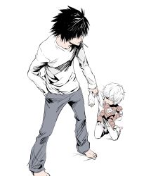  2boys aged_down bags_under_eyes black_eyes black_hair commentary_request death_note fork full_body grey_pants hand_in_pocket highres l_(death_note) long_sleeves male_focus multiple_boys near_(death_note) pants shirt short_hair simple_background standing toddler toy_robot utensil_in_mouth wakana_kuraguchi white_background white_pants white_shirt 