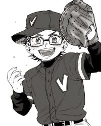 1boy ace_of_diamond aziki_0708 baseball_cap baseball_mitt belt blush buttons commentary_request hat layered_sleeves long_sleeves looking_at_viewer male_focus miyuki_kazuya open_mouth pants rectangular_eyewear shirt_tucked_in short_hair short_over_long_sleeves short_sleeves simple_background solo white_background 