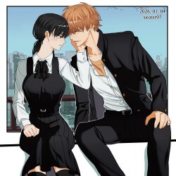  1boy 1girl absurdres artist_name belt belt_buckle black_belt black_dress black_jacket black_pants black_ribbon black_skirt blonde_hair buckle chainsaw_man collared_shirt commentary_request dated denji_(chainsaw_man) dress fourth_east_high_school_uniform gakuran hand_on_another's_face highres jacket korean_commentary long_hair looking_at_another low_twintails mitaka_asa neck_ribbon open_clothes open_jacket open_mouth pants profile red_eyes ribbon school_uniform sharp_teeth shirt sieater07 sitting skirt smile tearing_up teeth twintails white_shirt 