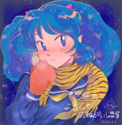  1boy 1girl blue_background blue_eyes blue_hair blue_serafuku blue_shirt commentary_request cone_horns dated highres horns long_hair looking_at_viewer lum mittens moroboshi_ataru pointy_ears print_scarf red_mittens sauizph scarf school_uniform serafuku shirt simple_background translation_request upper_body urusei_yatsura winter_clothes yellow_scarf 