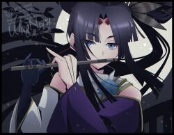  1girl absurdres black_hair blue_eyes breasts commentary_request detached_sleeves fate/grand_order fate_(series) feather_hair_ornament feathers flute hair_bun hair_ornament hat highres instrument long_hair looking_at_viewer medium_breasts music parted_bangs playing_flute playing_instrument side_ponytail sidelocks single_side_bun solo ushiwakamaru_(fate) very_long_hair wagu_neru wide_sleeves 