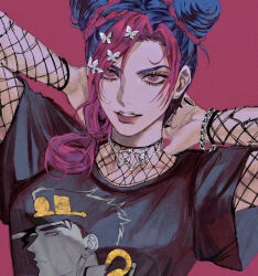  1girl arms_behind_head bead_bracelet beads beni_(96beni_) black_hair black_nails black_shirt bracelet braid braided_ponytail butterfly_hair_ornament character_print commentary cone_hair_bun double_bun ear_piercing english_commentary fingernails fishnet_top fishnets green_eyes green_hair hair_bun hair_ornament hat jewelry jojo_no_kimyou_na_bouken kujo_jolyne kujo_jotaro lipstick long_fingernails looking_up makeup medium_hair multicolored_hair nail_polish necklace parted_bangs parted_lips piercing pink_background pink_eyes red_hair shirt side_ponytail simple_background smile solo stone_ocean tattoo two-tone_hair upper_body 