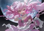  1girl ahoge biting blood bow clenched_teeth commentary dress frilled_dress frills hair_bow hatsune_miku holding holding_wand long_hair looking_at_viewer magical_girl mahou_shoujo_to_chokorewito_(vocaloid) pink_blood pink_bow pink_dress pink_eyes pink_hair puffy_short_sleeves puffy_sleeves rumoon short_sleeves solo teeth twintails very_long_hair vocaloid wand 