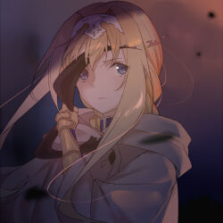  1girl alice_zuberg armor blonde_hair blue_eyes capelet closed_mouth commentary gauntlets highres hood knight long_hair long_sleeves marsirome solo sword_art_online sword_art_online:_alicization tagme upper_body 