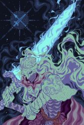  1other ambiguous_gender armor bloody_wolf_(elden_ring) blue_background blue_eyes chainmail cloak elden_ring energy full_armor fur_cloak gauntlets glowing glowing_eye glowing_weapon helmet highres jawwydee long_hair mage_staff moonlight_greatsword over_shoulder plume sigil solo staff sword sword_over_shoulder tarnished_(elden_ring) upper_body weapon weapon_over_shoulder 